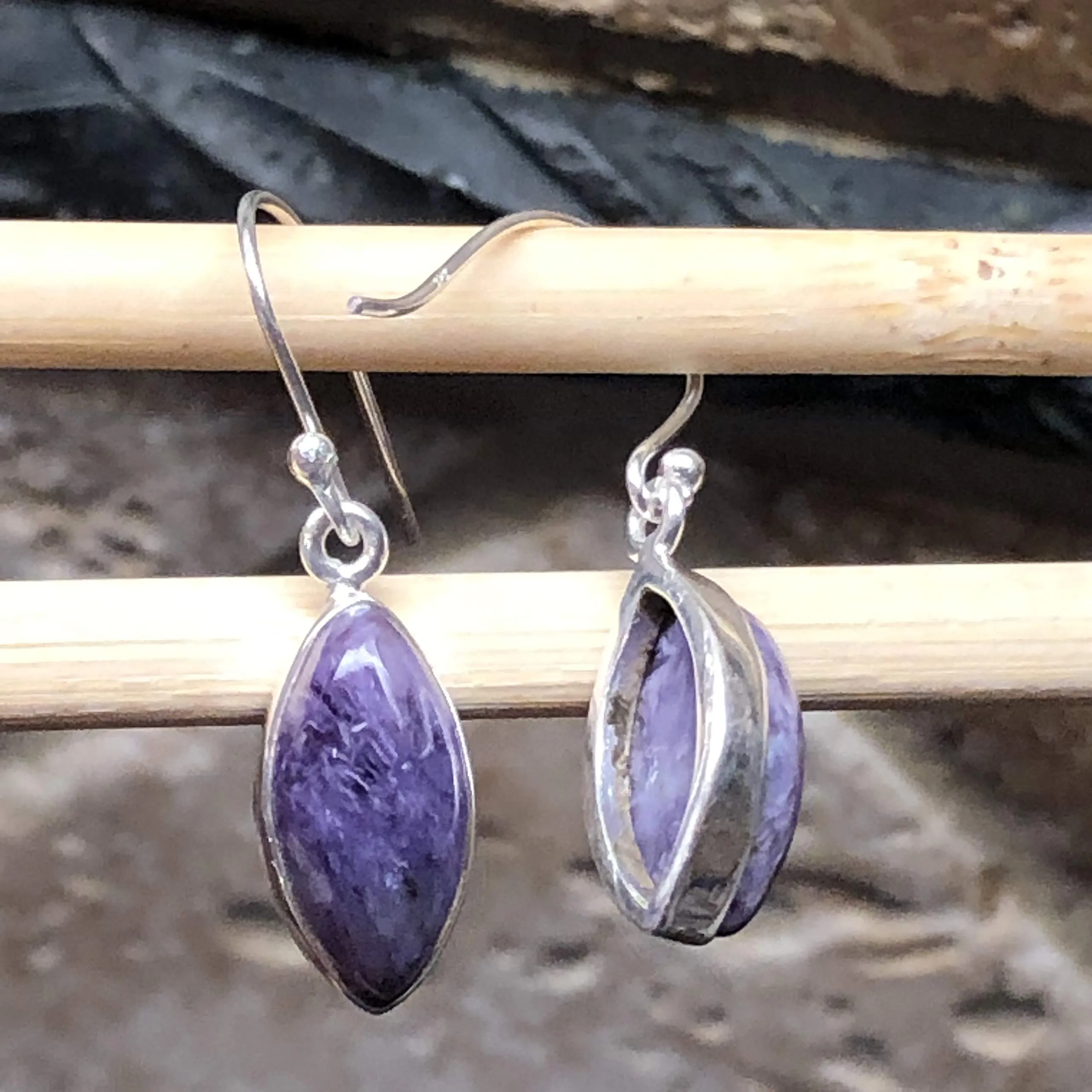 Natural Siberian Charoite 925 Solid Sterling Silver Earrings 30mm
