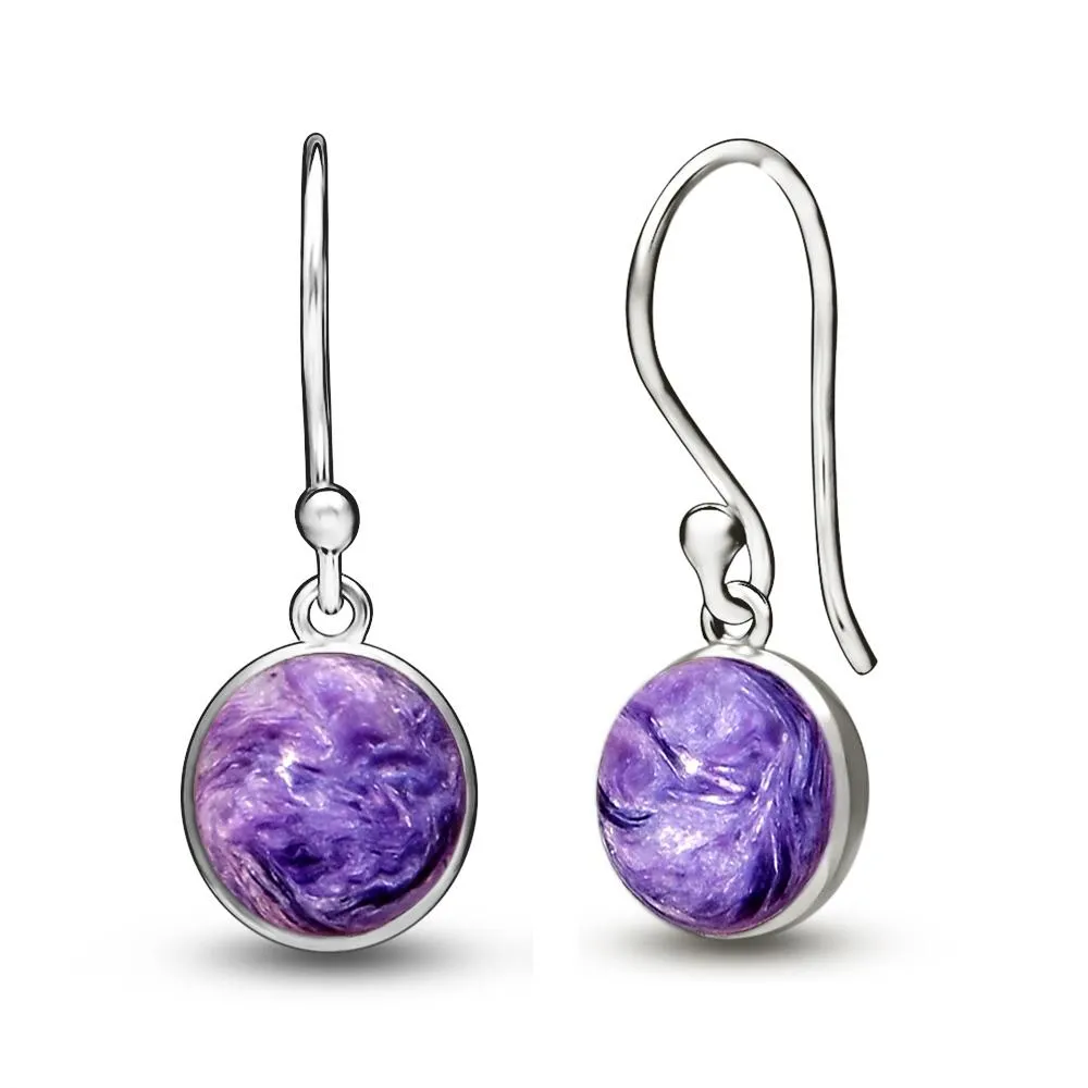 Natural Siberian Charoite 925 Solid Sterling Silver Earrings 30mm