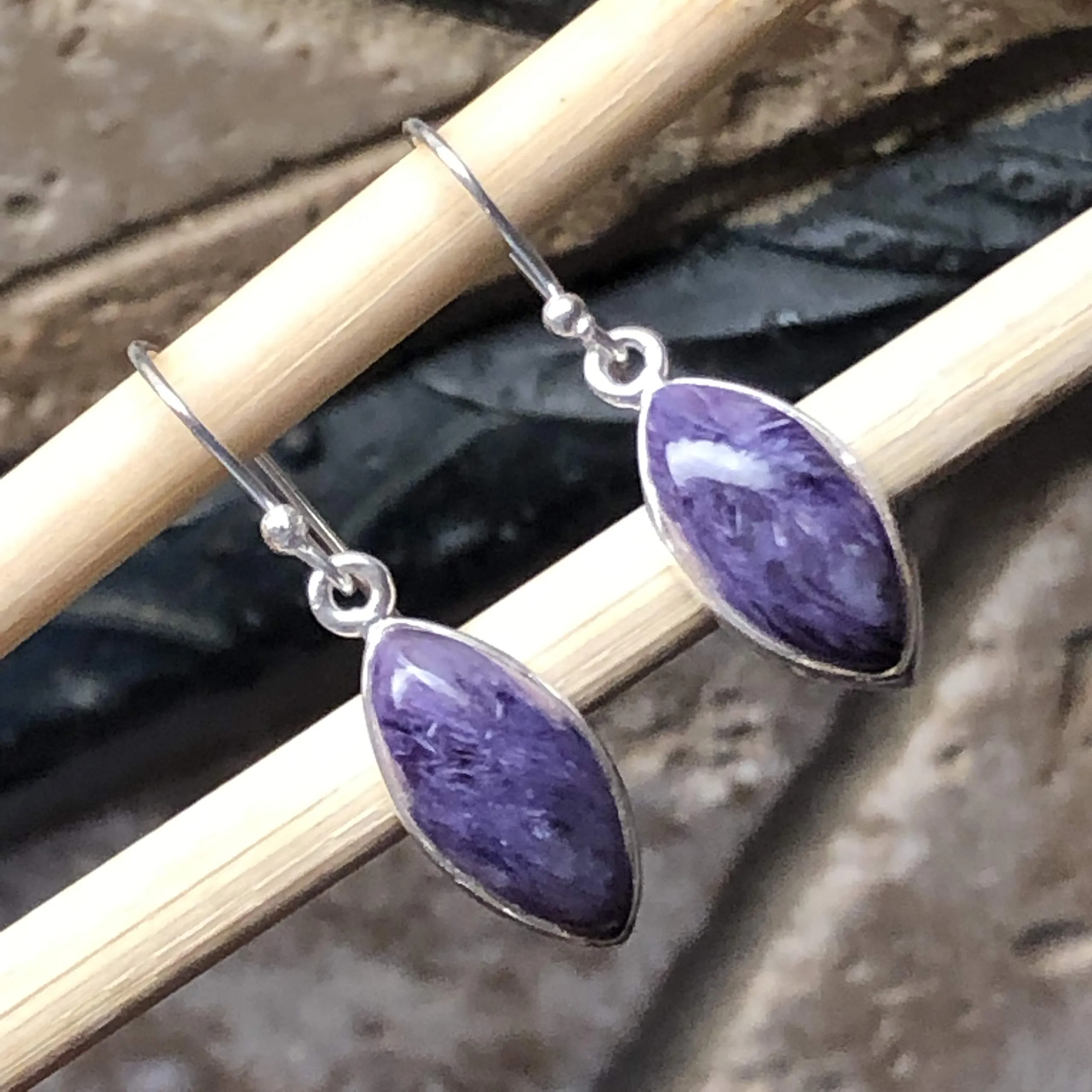 Natural Siberian Charoite 925 Solid Sterling Silver Earrings 30mm