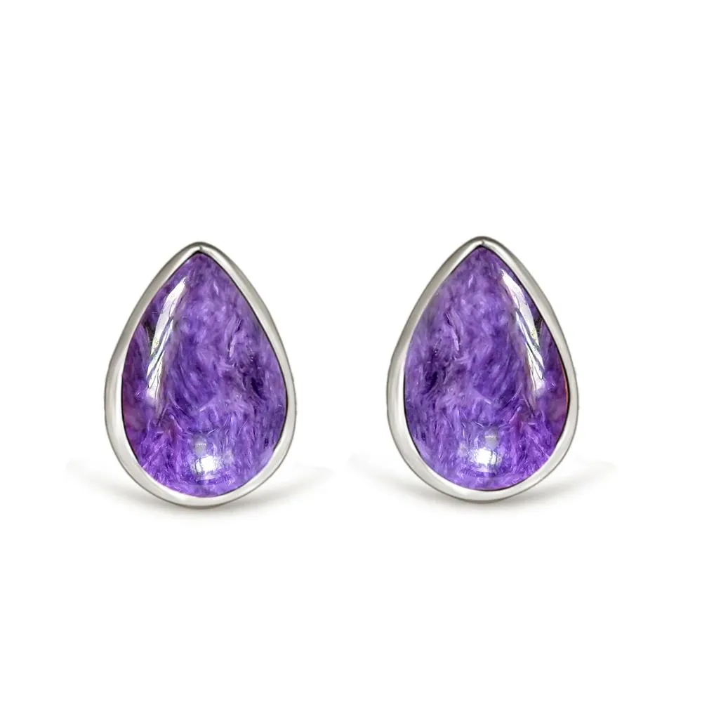 Natural Siberian Charoite 925 Solid Sterling Silver Earrings 7mm