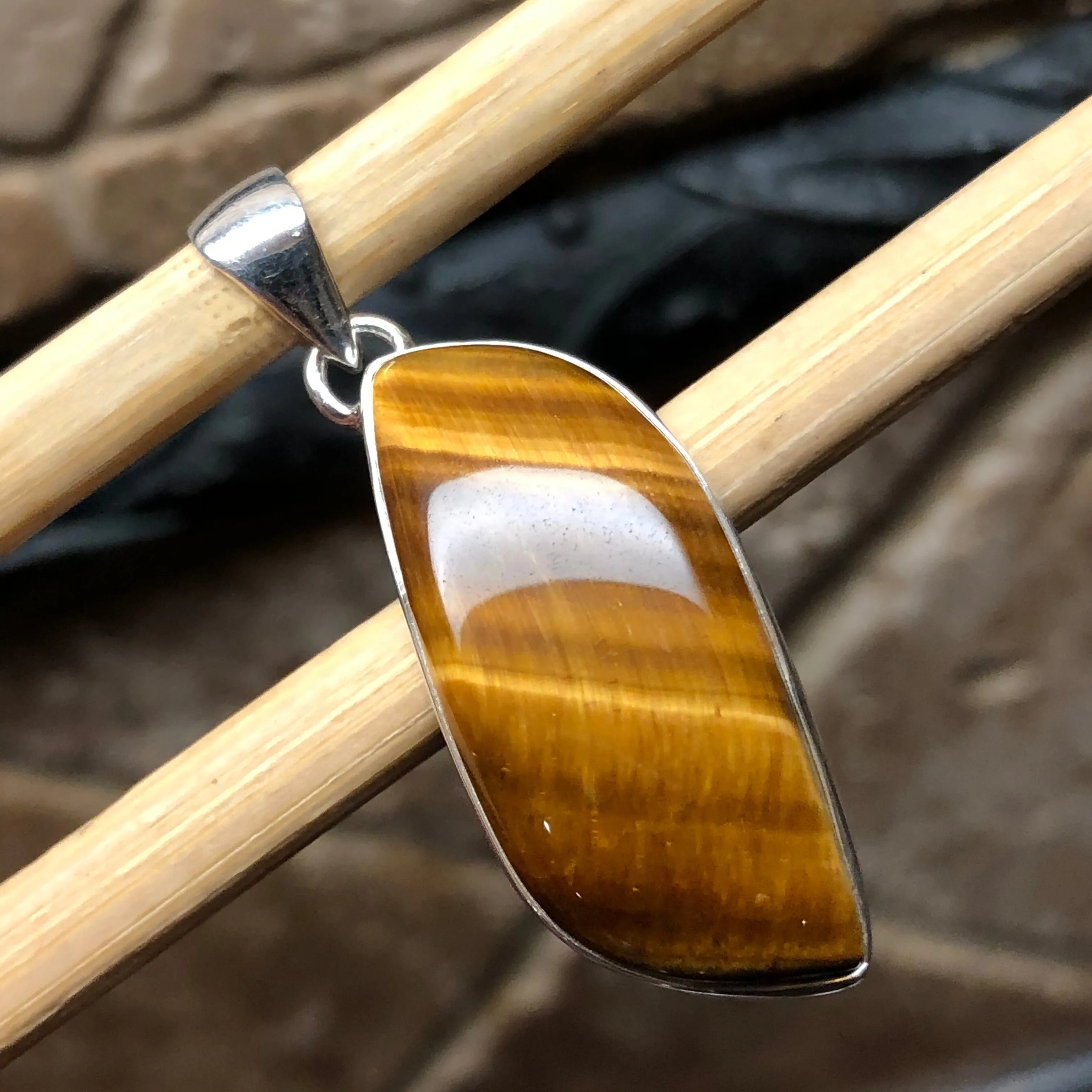 Natural Tiger's Eye 925 Solid Sterling Silver Pendant 40mm