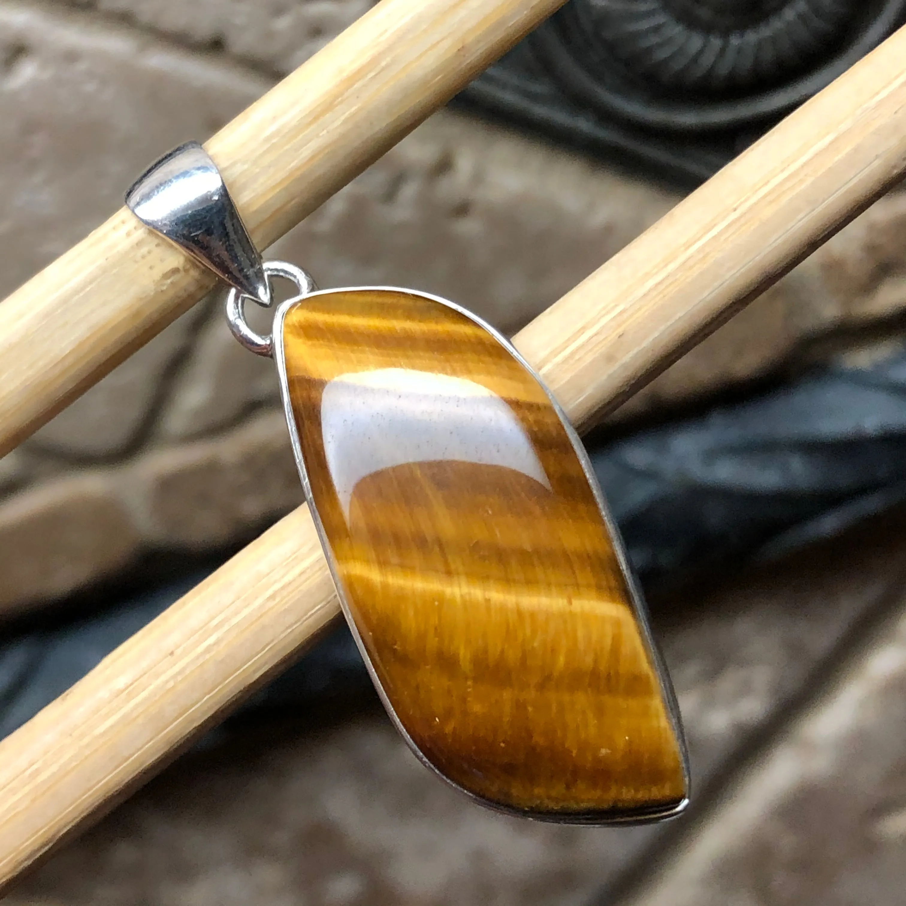 Natural Tiger's Eye 925 Solid Sterling Silver Pendant 40mm