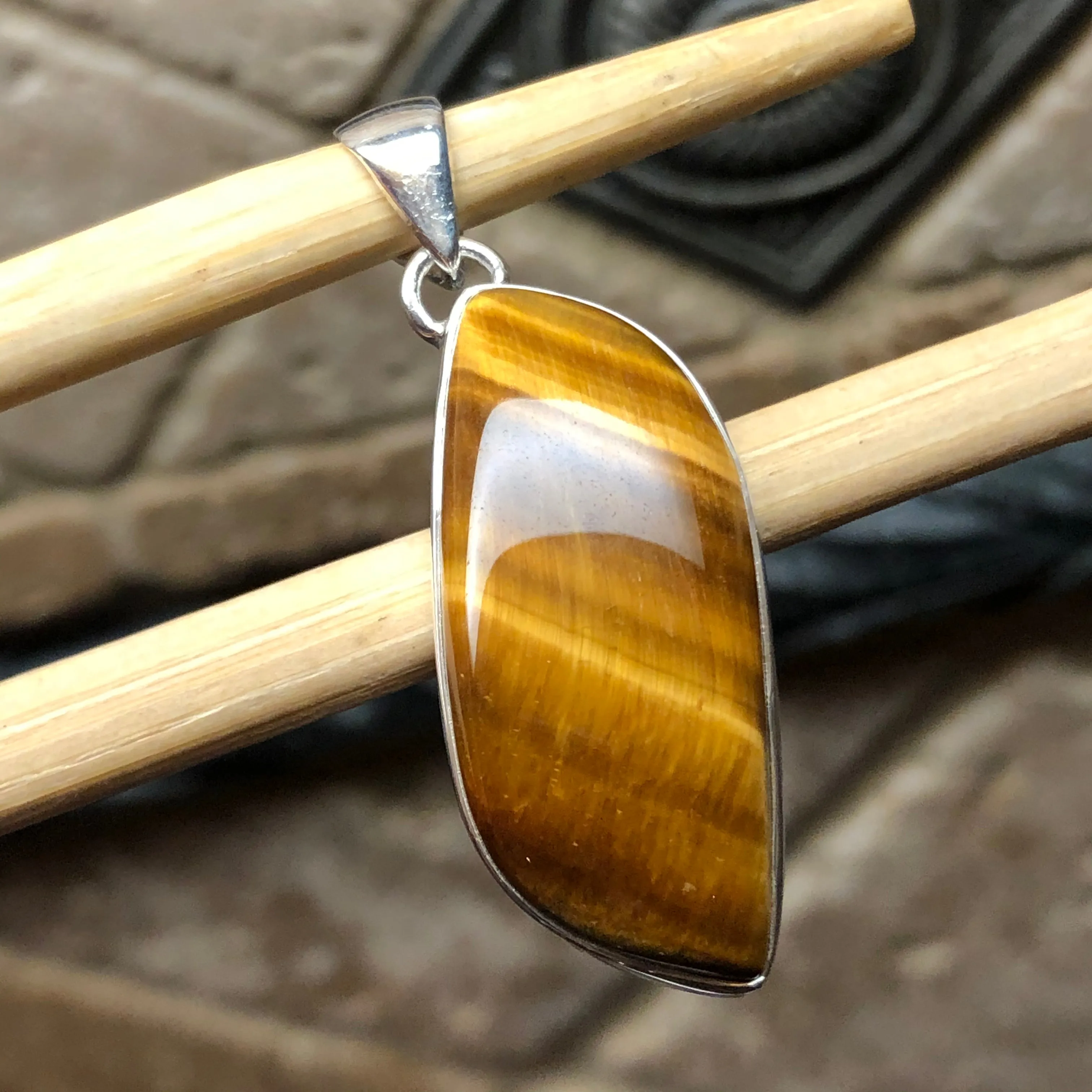 Natural Tiger's Eye 925 Solid Sterling Silver Pendant 40mm