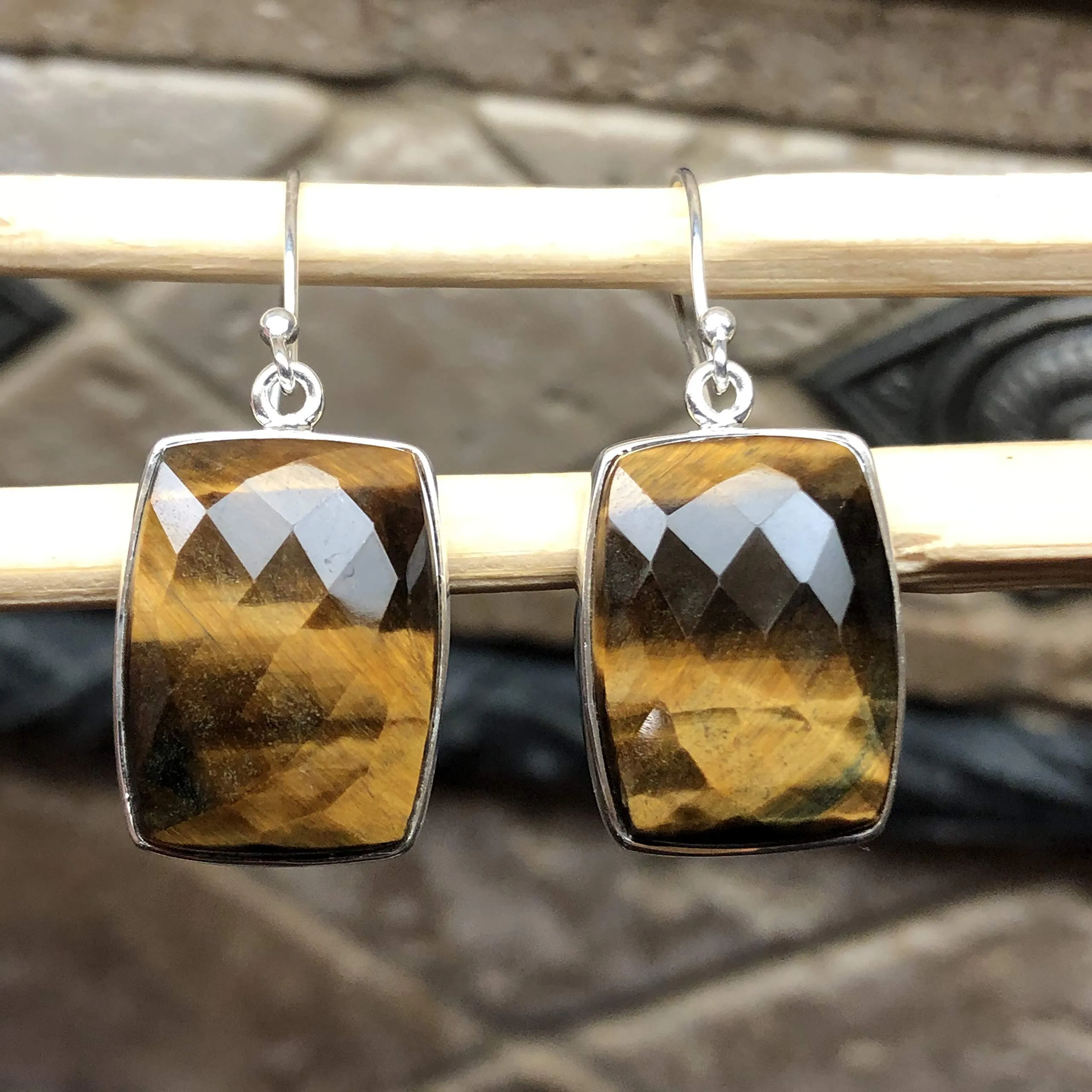 Natural Tiger's Eye 925 Sterling Silver Earrings 40mm