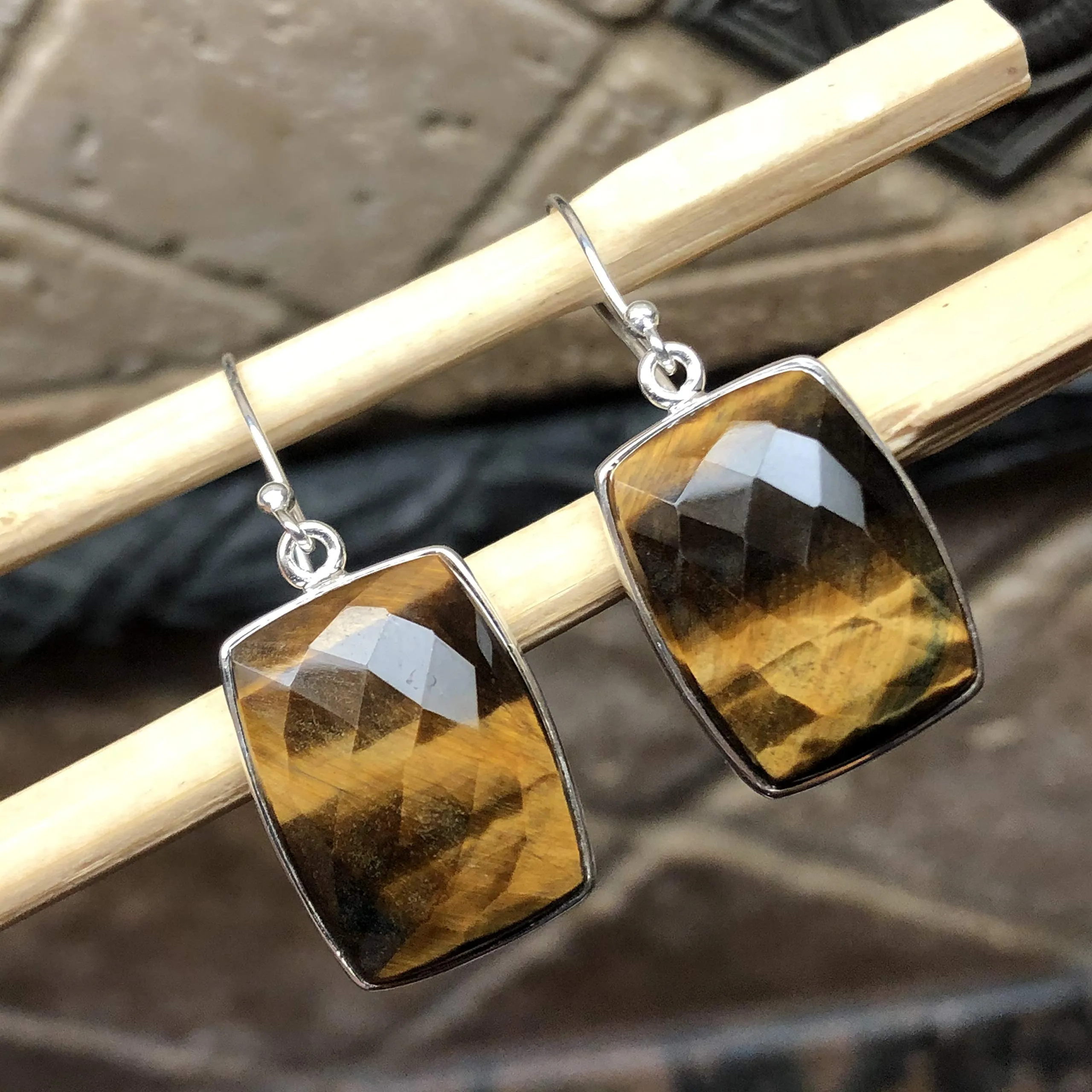 Natural Tiger's Eye 925 Sterling Silver Earrings 40mm
