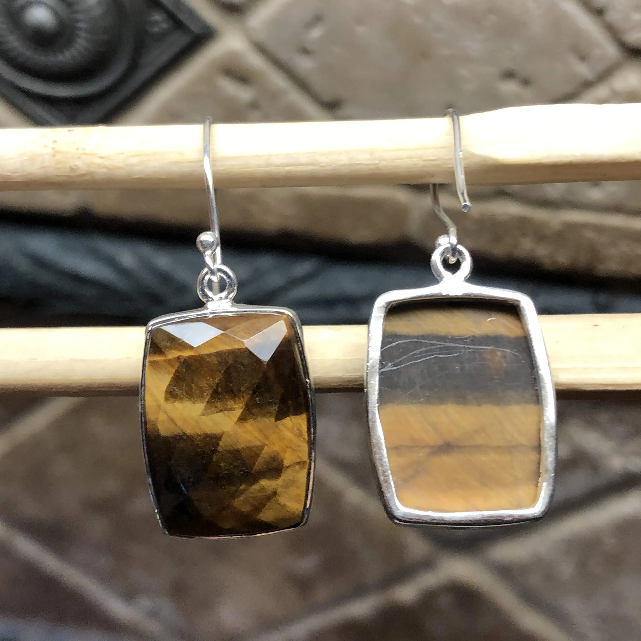 Natural Tiger's Eye 925 Sterling Silver Earrings 40mm