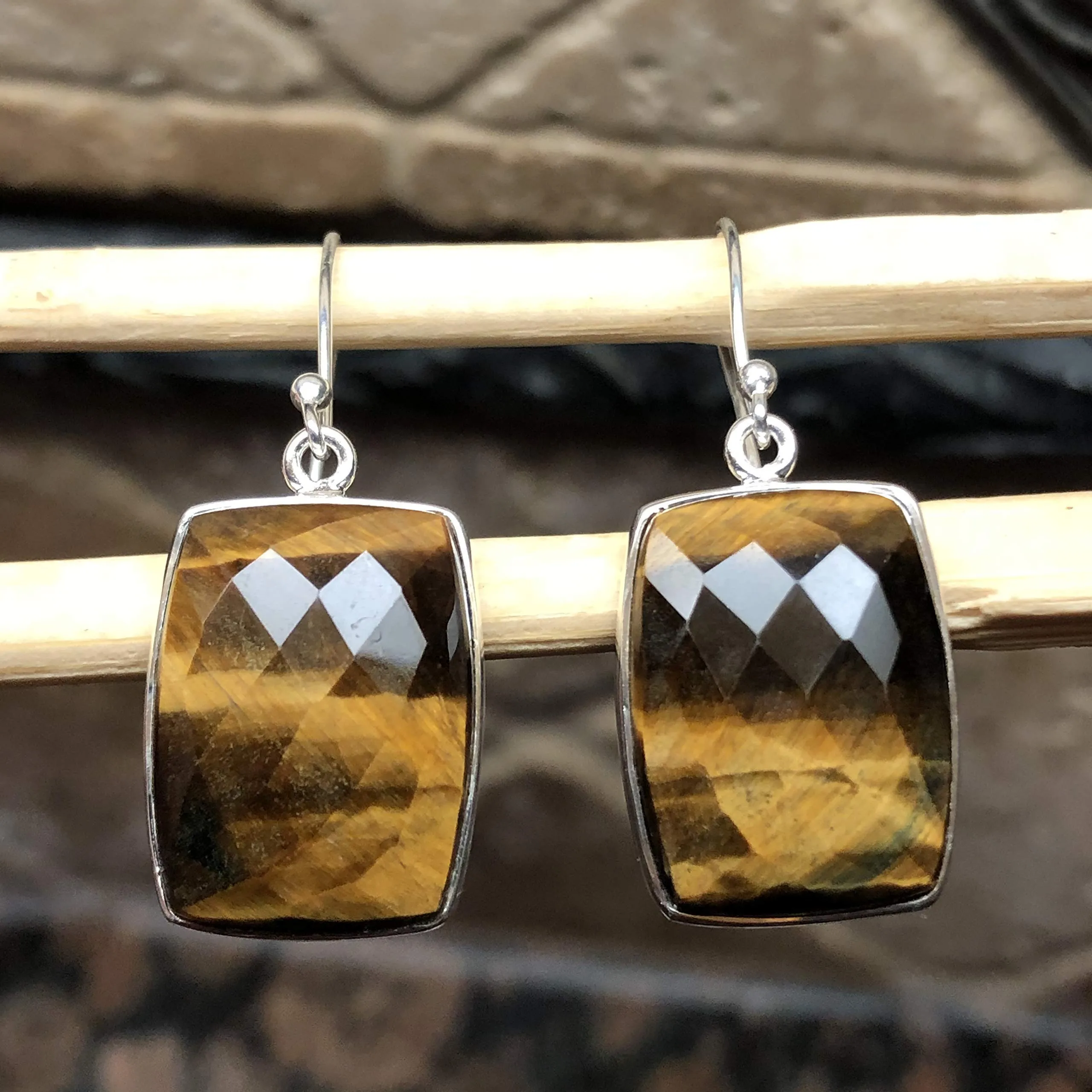 Natural Tiger's Eye 925 Sterling Silver Earrings 40mm
