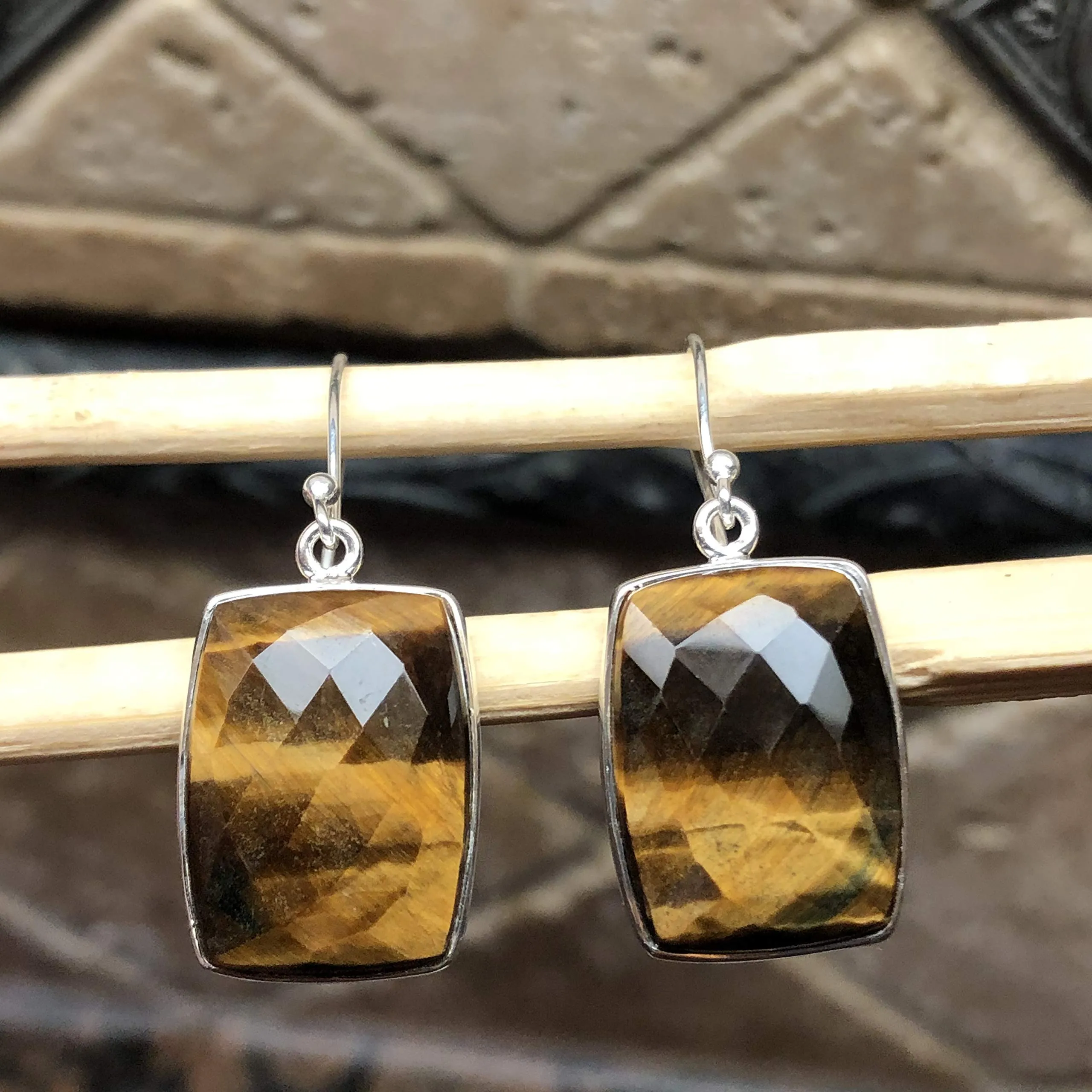 Natural Tiger's Eye 925 Sterling Silver Earrings 40mm