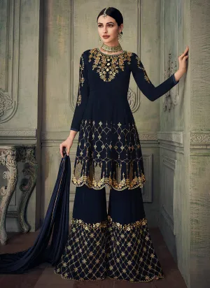 Navy Blue All Ethnic Embroidered Anarkali Gharara Suit