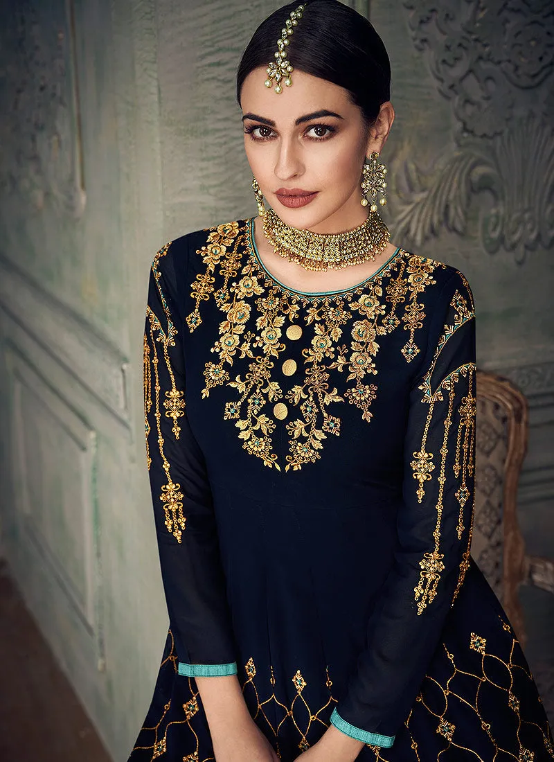 Navy Blue All Ethnic Embroidered Anarkali Gharara Suit