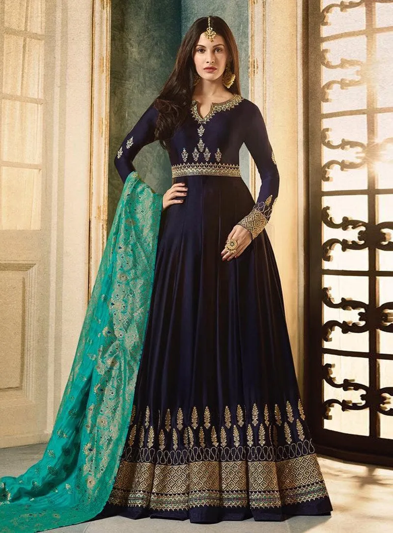 Navy Blue And Turquoise Motif Embroidered Ghera Anarkali Suit