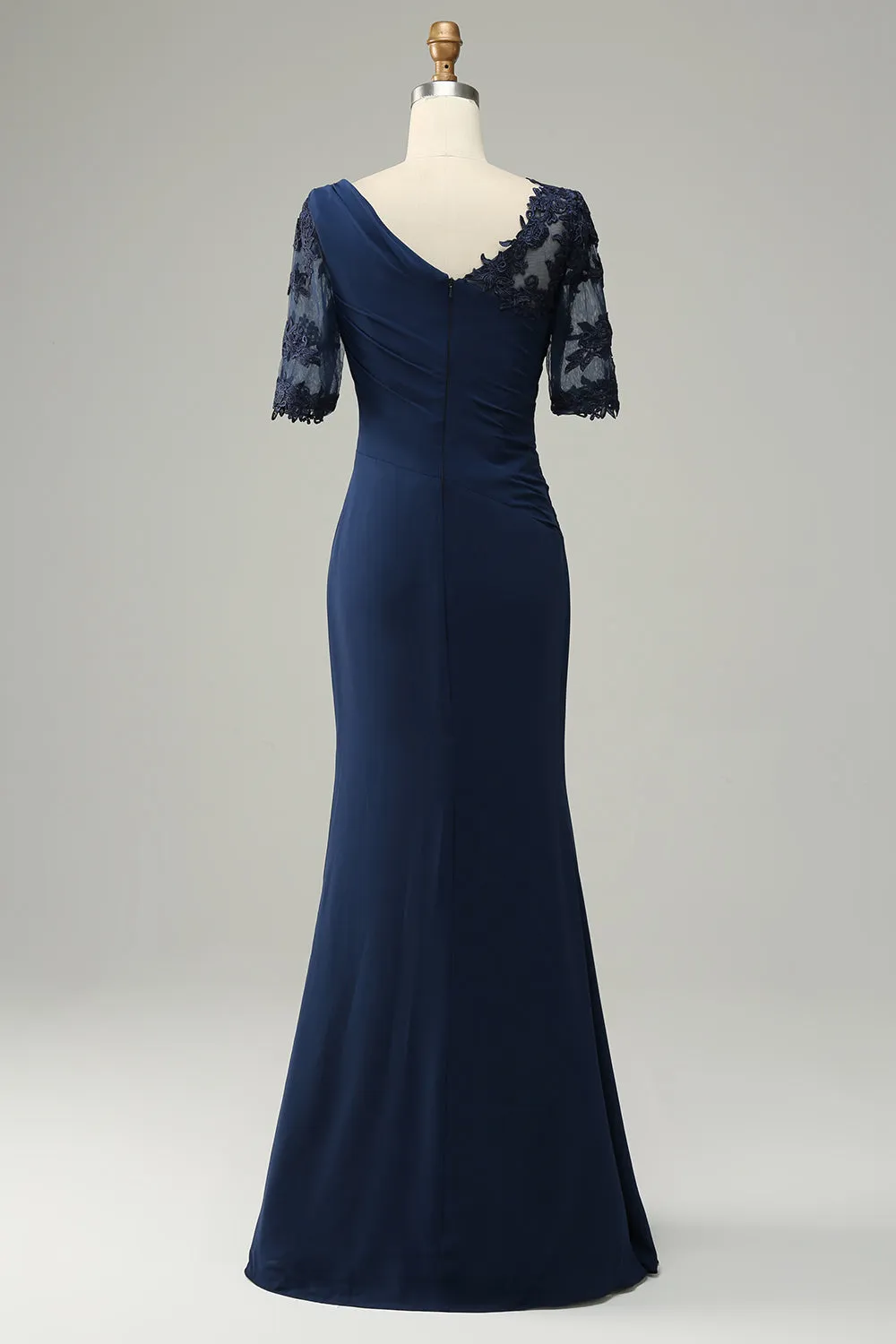 Navy Blue Appliques Ruffle 1/2 Sleeves Long Mother of the Bride/Groom Dress