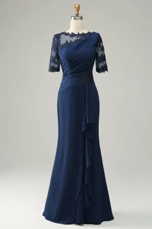 Navy Blue Appliques Ruffle 1/2 Sleeves Long Mother of the Bride/Groom Dress