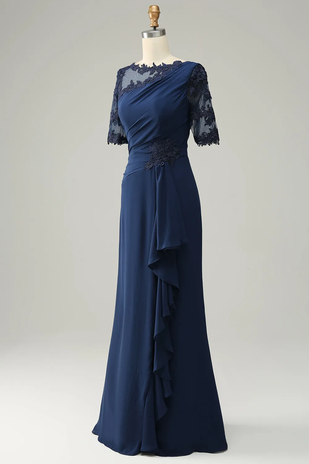 Navy Blue Appliques Ruffle 1/2 Sleeves Long Mother of the Bride/Groom Dress
