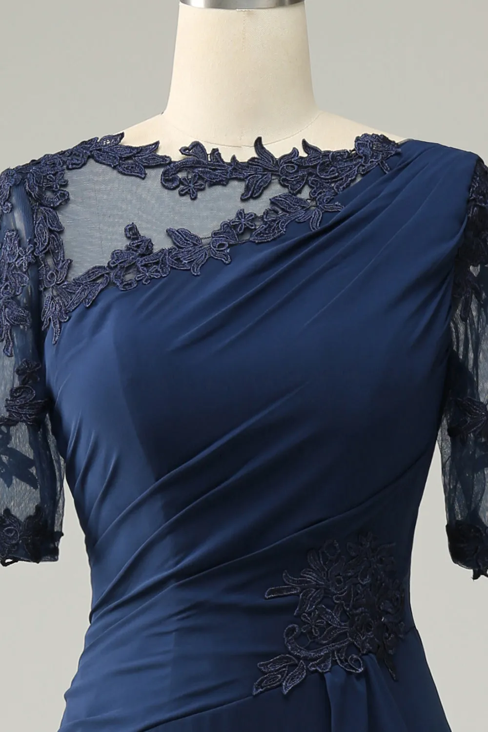 Navy Blue Appliques Ruffle 1/2 Sleeves Long Mother of the Bride/Groom Dress