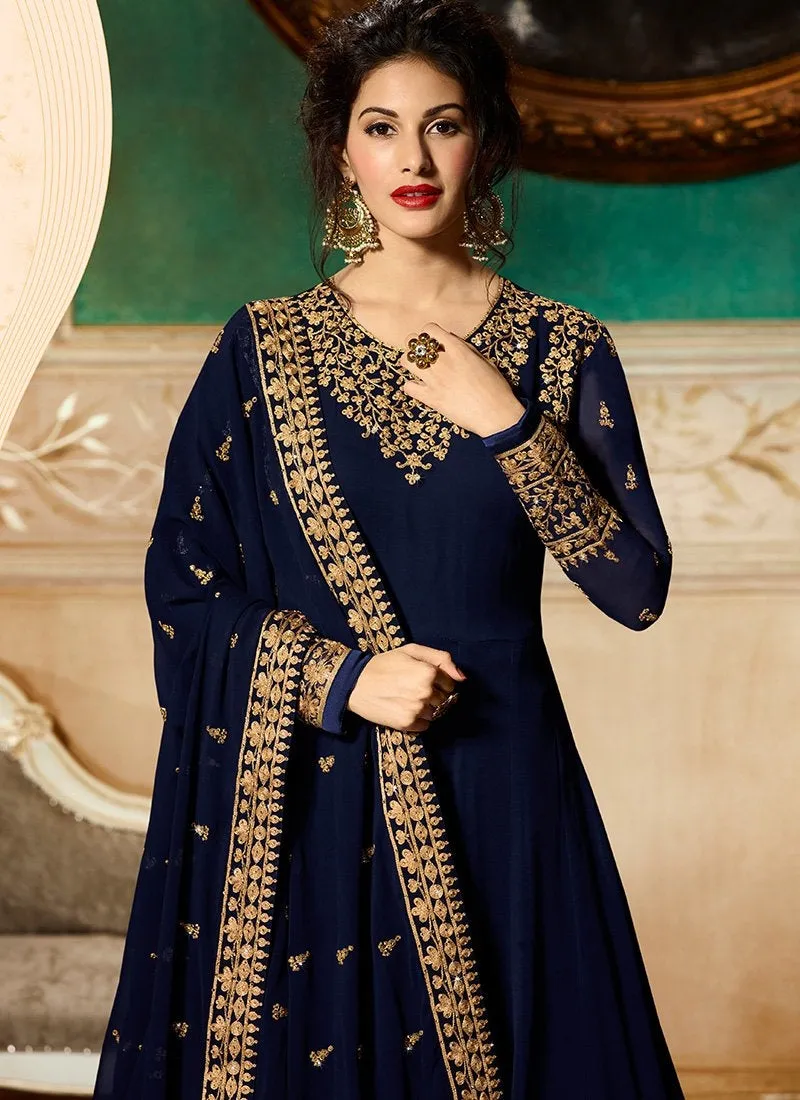 Navy Blue Delicately Embroidered Kalidar Anarkali Suit