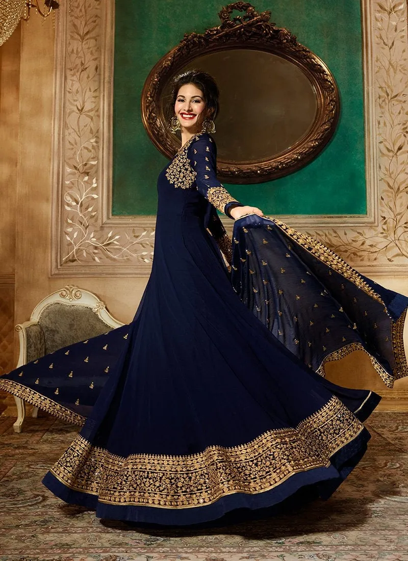 Navy Blue Delicately Embroidered Kalidar Anarkali Suit