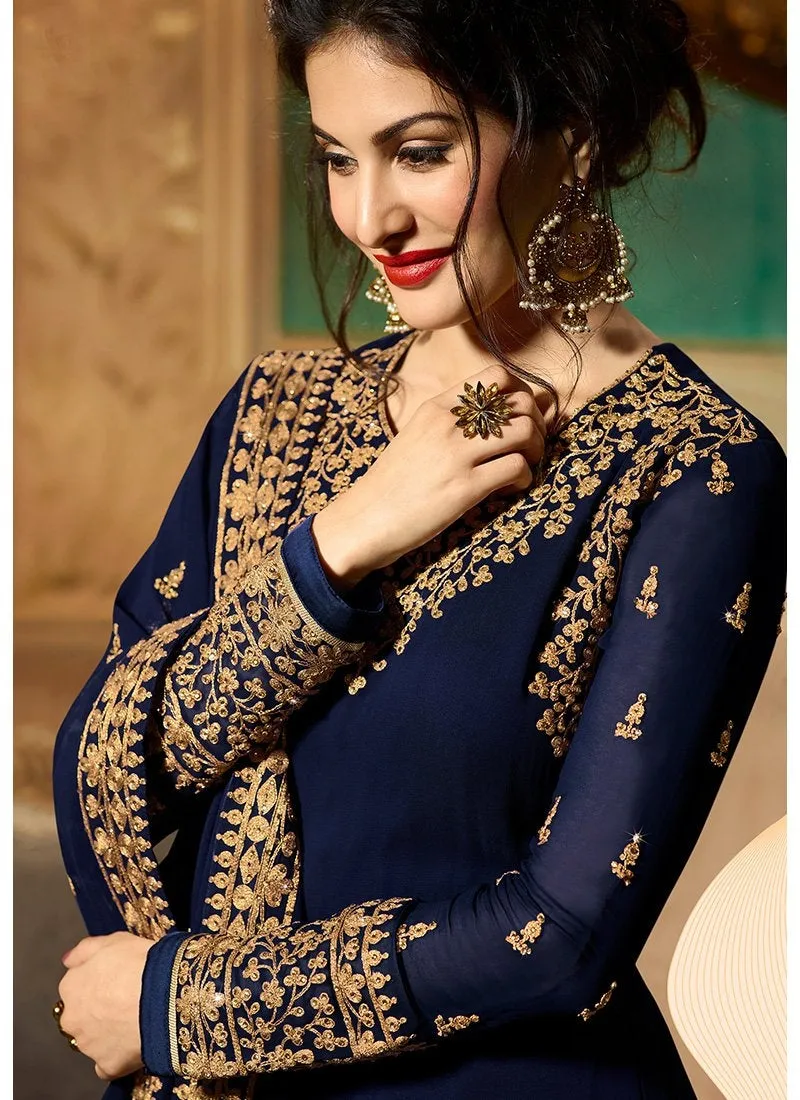 Navy Blue Delicately Embroidered Kalidar Anarkali Suit