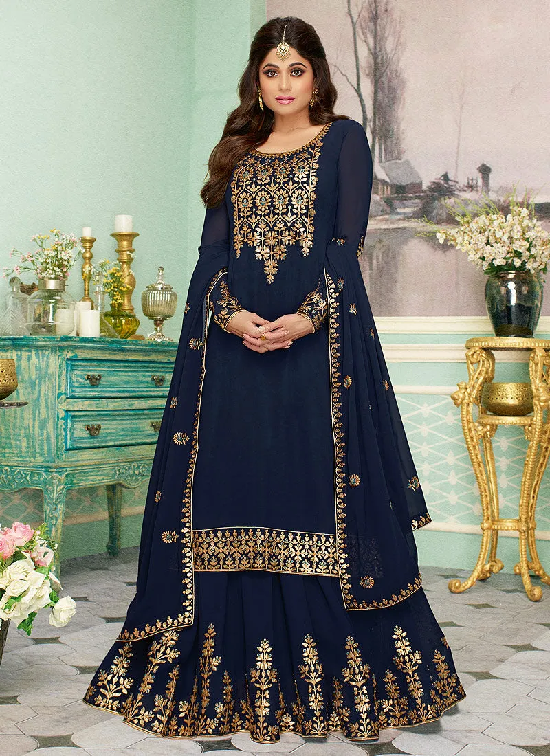 Navy Blue Golden Embroidered Sharara Style Suit