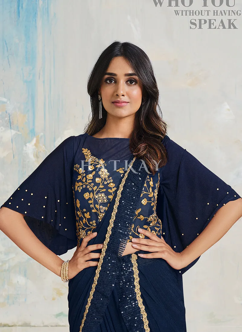 Navy Blue Sequence Embroidery Designer Silk Saree