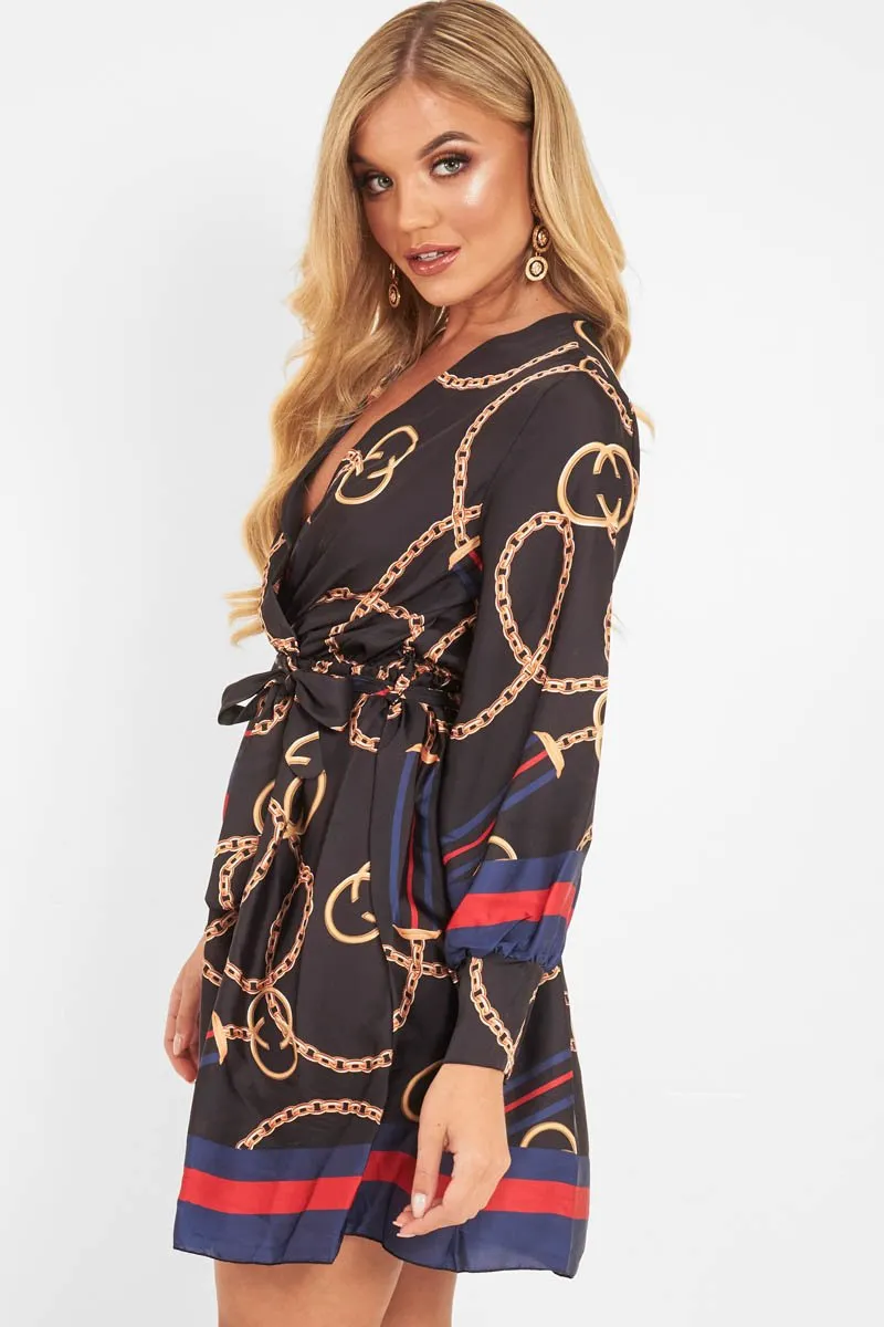 Navy Chain Print Satin Plunge Shirt Dress - Cristen