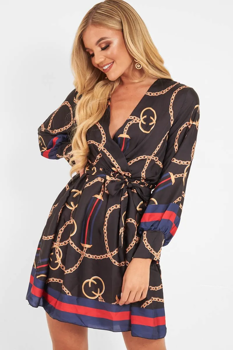 Navy Chain Print Satin Plunge Shirt Dress - Cristen