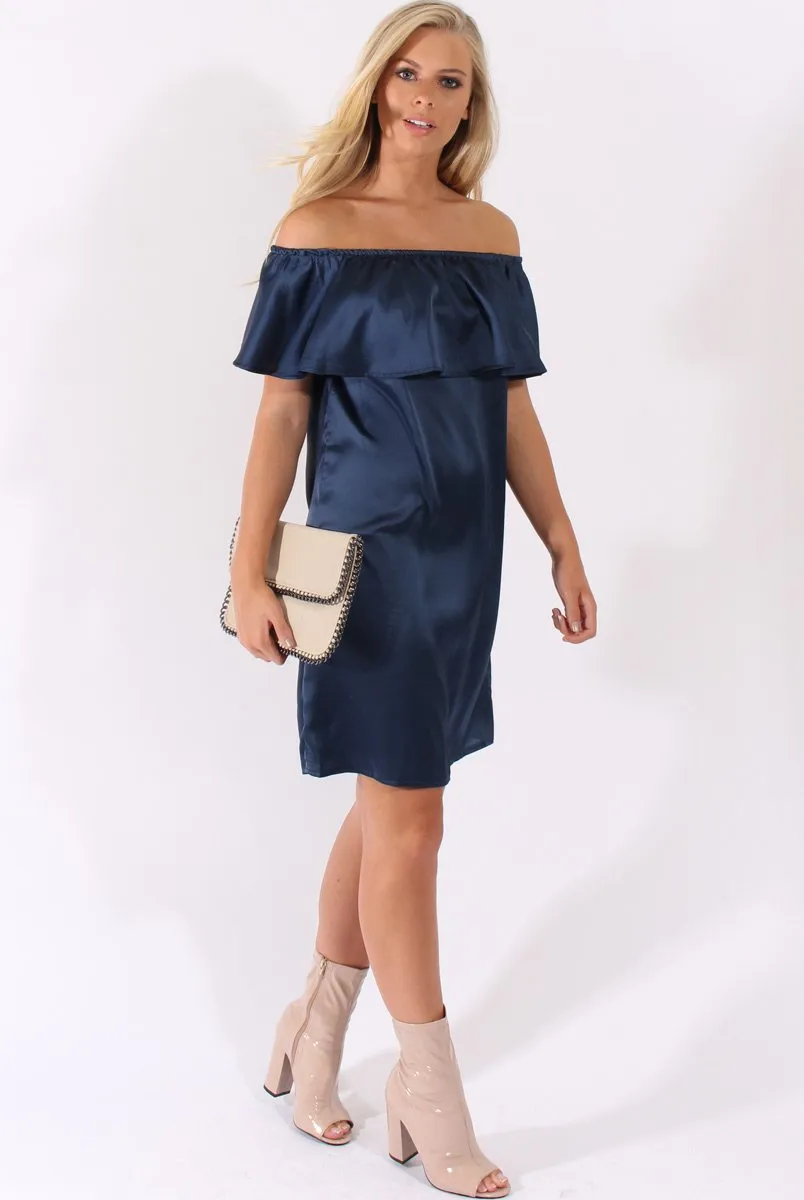 Navy Satin Bardot Frill Dress - Alura