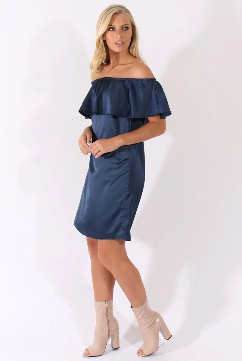 Navy Satin Bardot Frill Dress - Alura