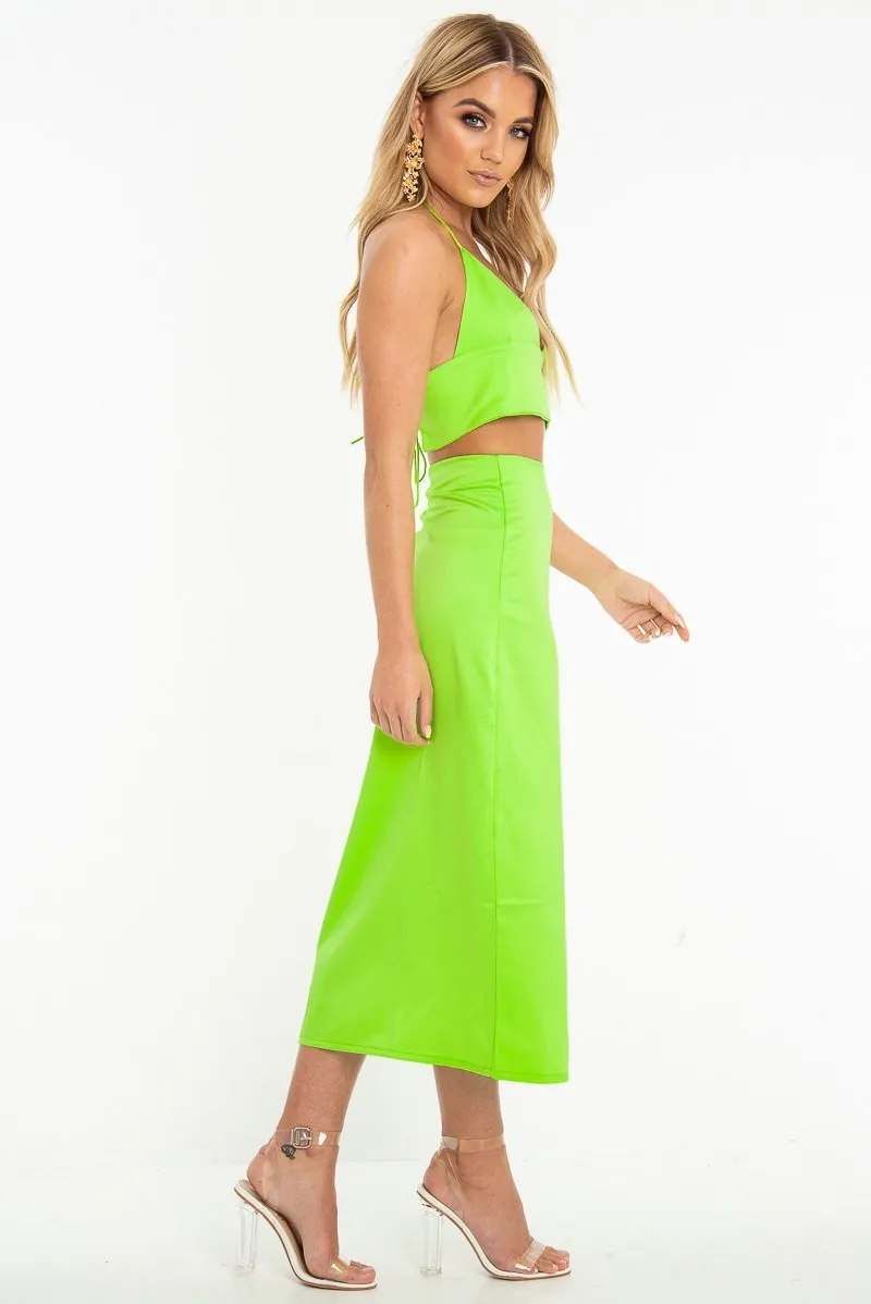 Neon Green Satin Floaty Midi Skirt - Serafina