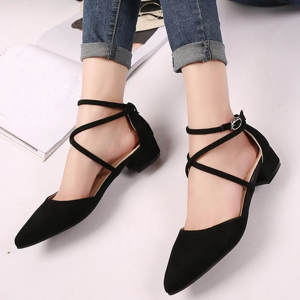 New Fashion Casual Point Toe Buckle Strap Square Heel Sandals