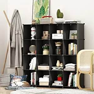 New JOISCOPE Portable Storage Organizer Plastic Cubes Sturdy Bookshelf 16 Cubes Black Multi-Function Space-Saving Rack