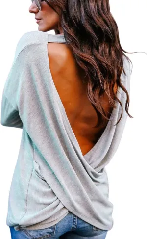 New New Rambling Women's Sexy Backless Loose Shirt Long Sleeve Open Back Cross Long Sleeve Lightweight Tee Grey Sz XL