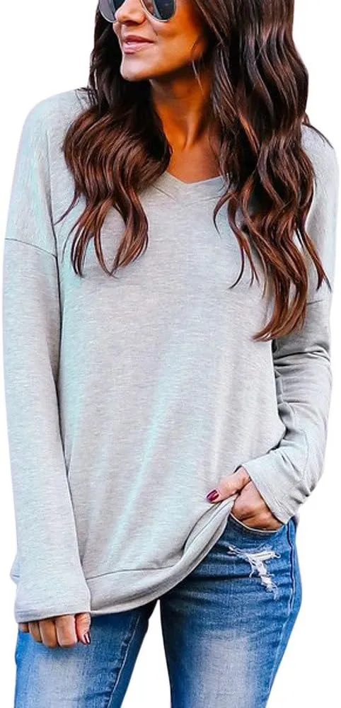 New New Rambling Women's Sexy Backless Loose Shirt Long Sleeve Open Back Cross Long Sleeve Lightweight Tee Grey Sz XL
