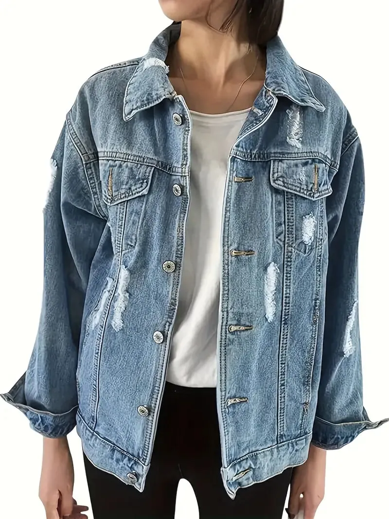 NEW Ripped Distressed Light Wash Blue Casual Denim Jacket, Women's, Sz L, Retails $69