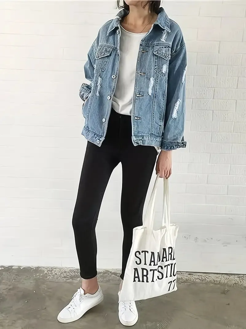 NEW Ripped Distressed Light Wash Blue Casual Denim Jacket, Women's, Sz L, Retails $69