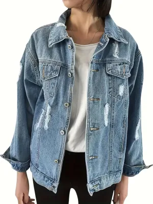NEW Ripped Distressed Light Wash Blue Casual Denim Jacket, Women's, Sz L, Retails $69