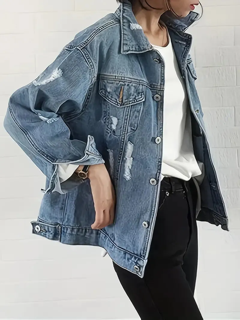 NEW Ripped Distressed Light Wash Blue Casual Denim Jacket, Women's, Sz L, Retails $69