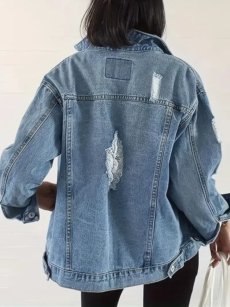 NEW Ripped Distressed Light Wash Blue Casual Denim Jacket, Women's, Sz L, Retails $69