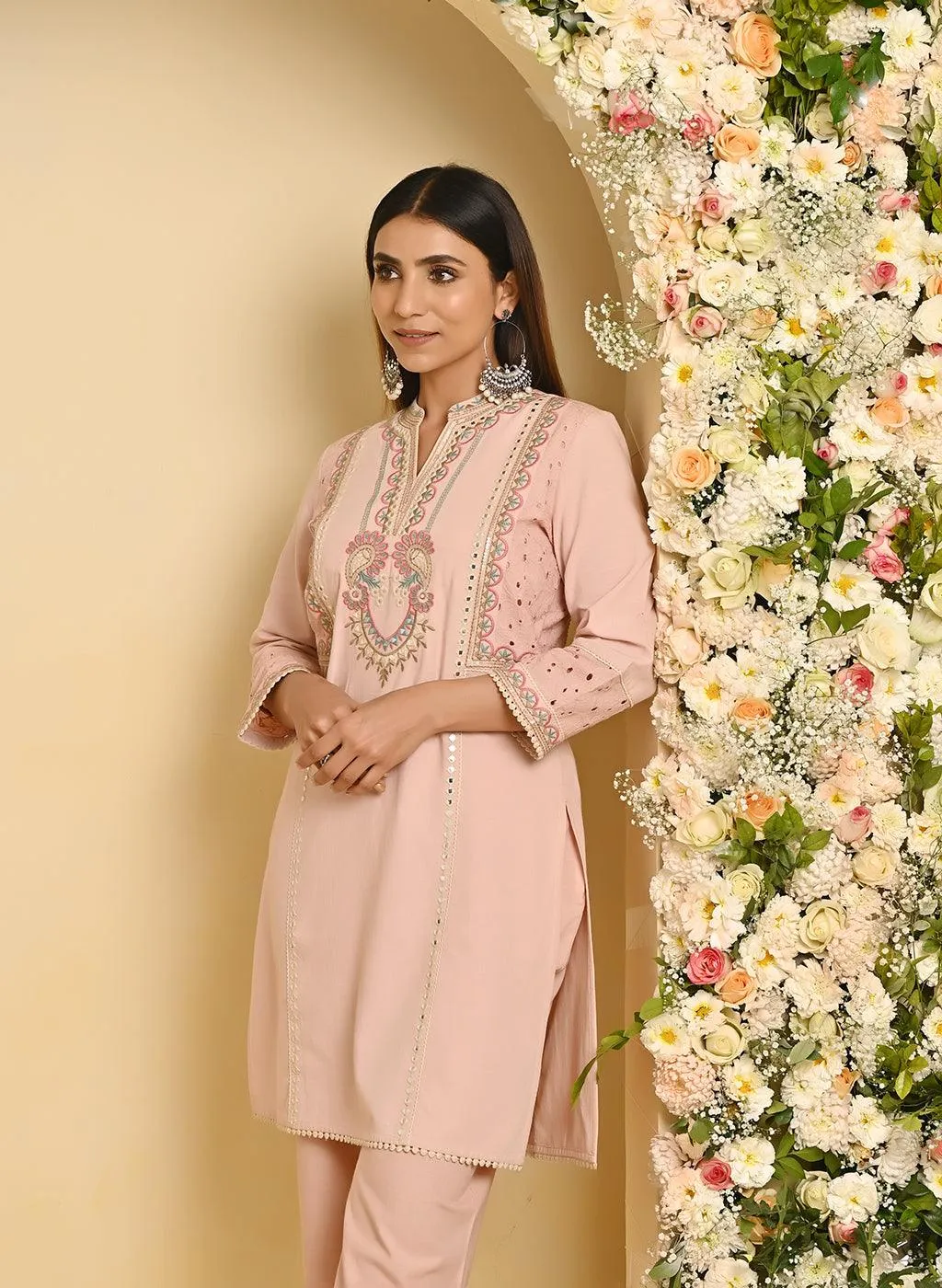 Nude Pink Schiffili Embroidered Cotton Co-ord Set with 3/4th Sleeves