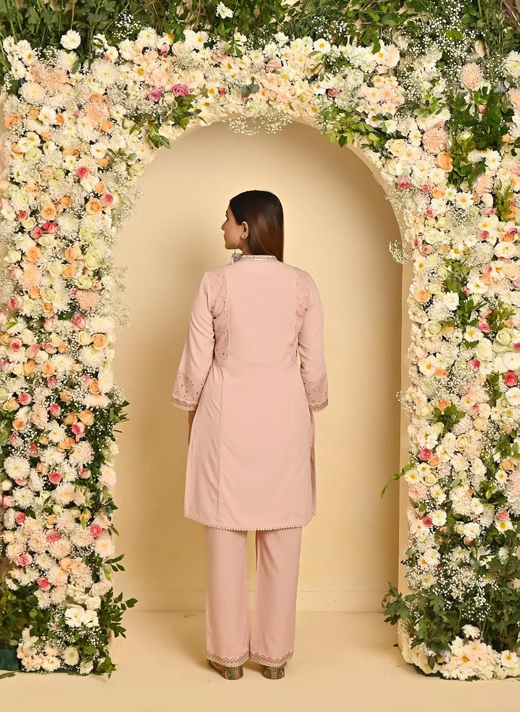 Nude Pink Schiffili Embroidered Cotton Co-ord Set with 3/4th Sleeves