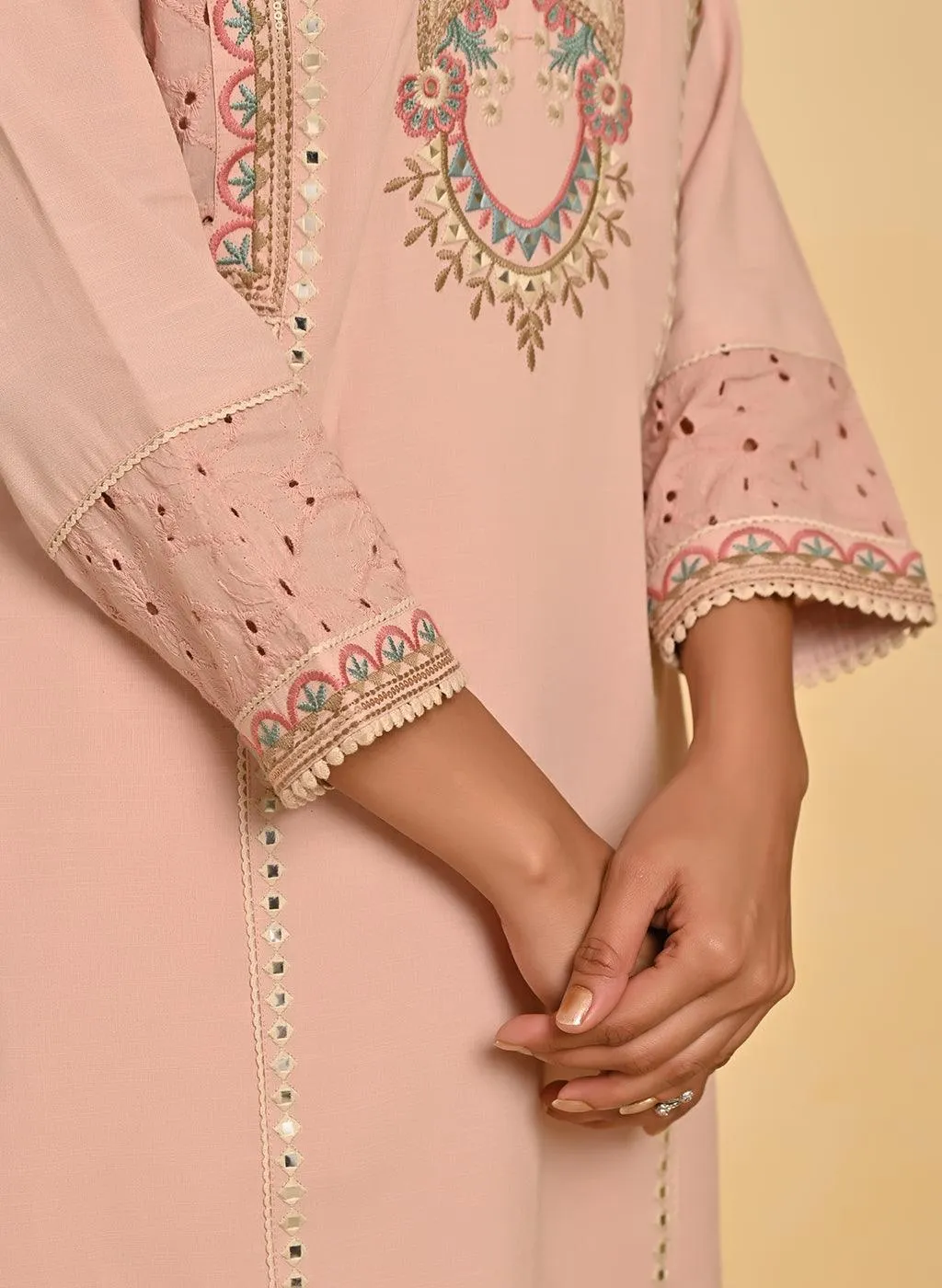Nude Pink Schiffili Embroidered Cotton Co-ord Set with 3/4th Sleeves
