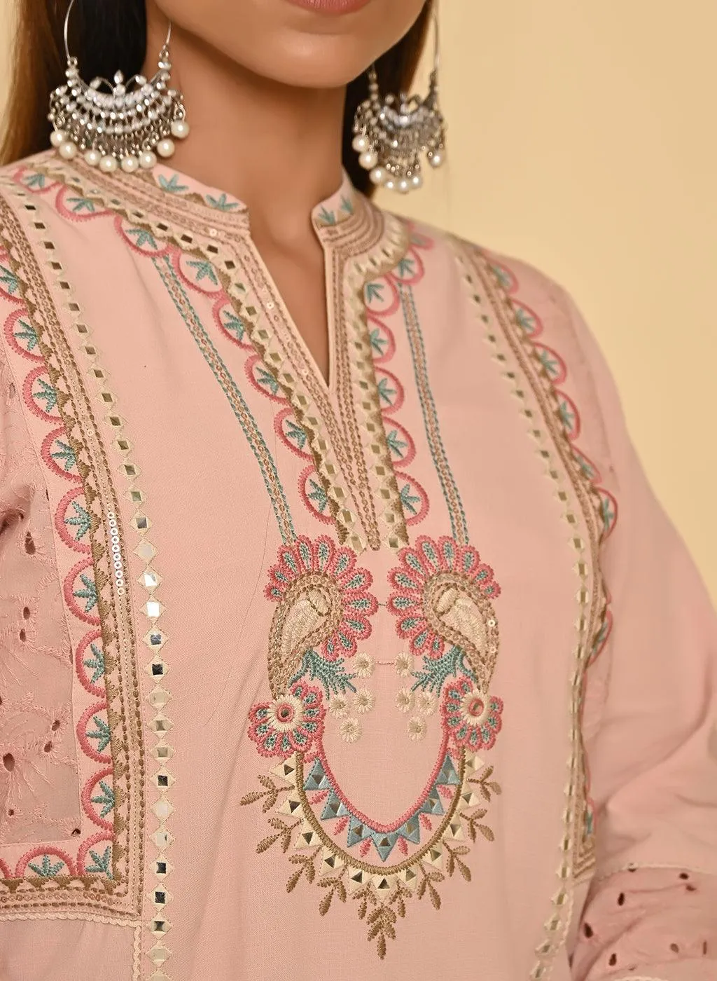 Nude Pink Schiffili Embroidered Cotton Co-ord Set with 3/4th Sleeves