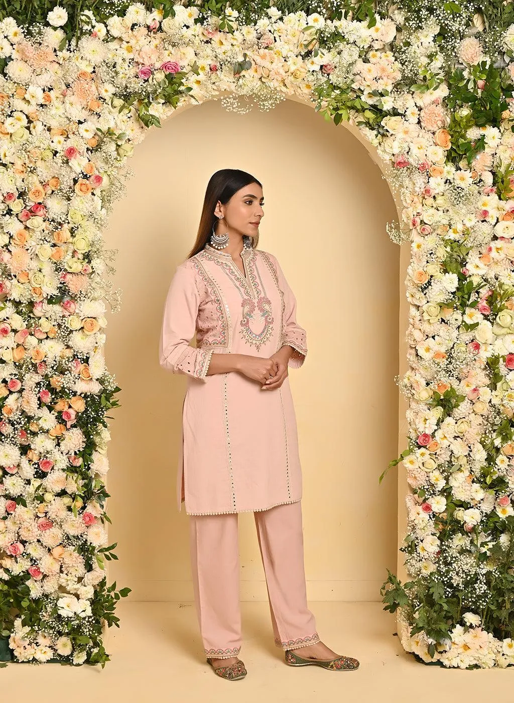 Nude Pink Schiffili Embroidered Cotton Co-ord Set with 3/4th Sleeves