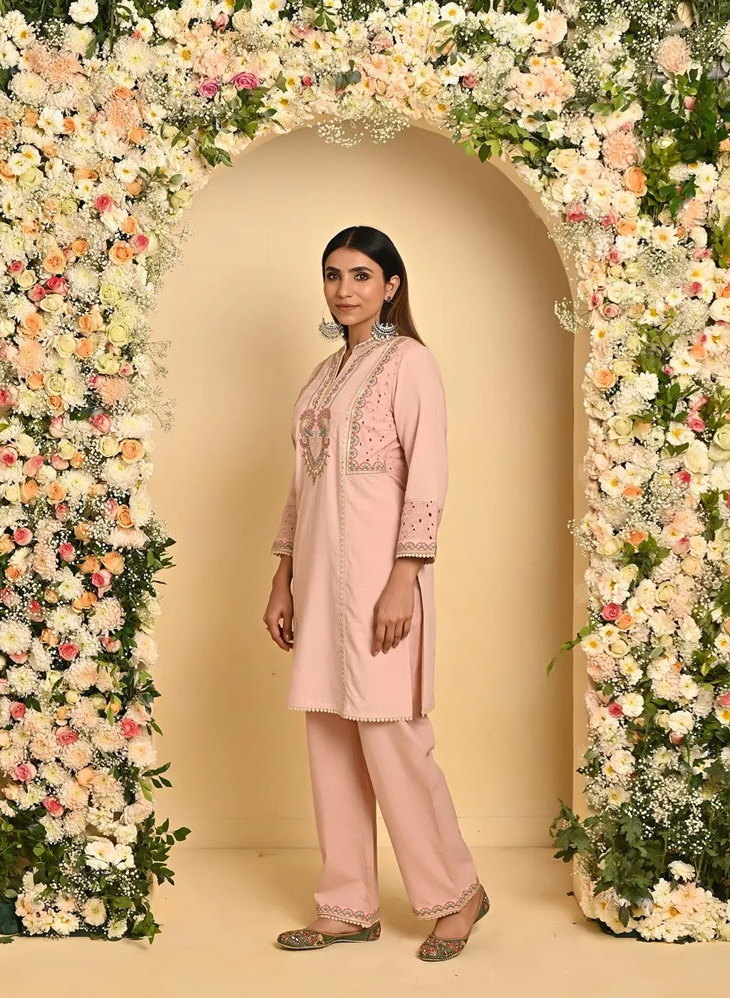 Nude Pink Schiffili Embroidered Cotton Co-ord Set with 3/4th Sleeves