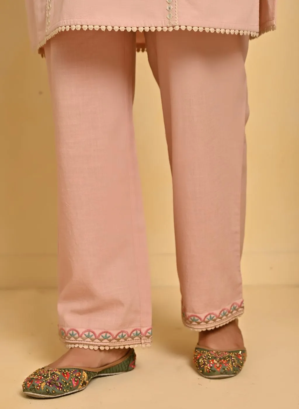 Nude Pink Schiffili Embroidered Cotton Co-ord Set with 3/4th Sleeves