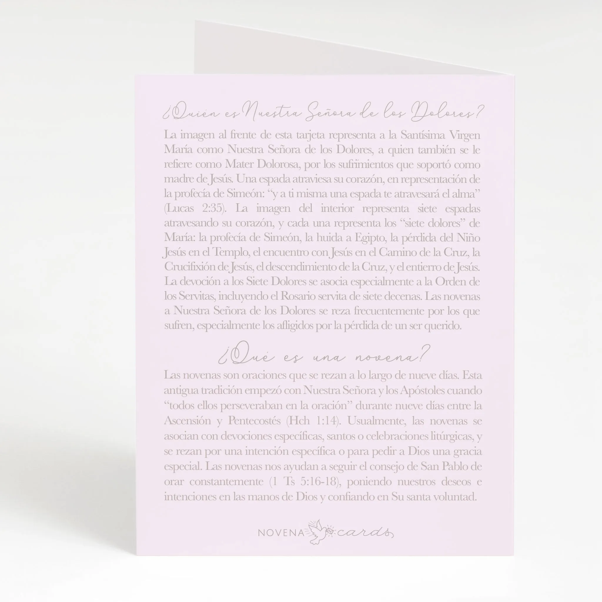 Nuestra Señora de los Dolores | Tarjeta de Novena | Morado Claro