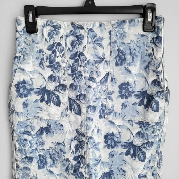 NWT A Loves A Blue Floral Denim High Rise Pockets Boho Vintage Pencil Skirt