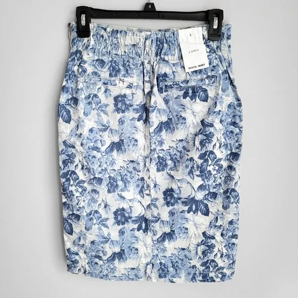 NWT A Loves A Blue Floral Denim High Rise Pockets Boho Vintage Pencil Skirt