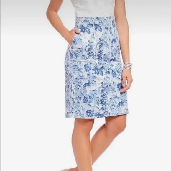 NWT A Loves A Blue Floral Denim High Rise Pockets Boho Vintage Pencil Skirt
