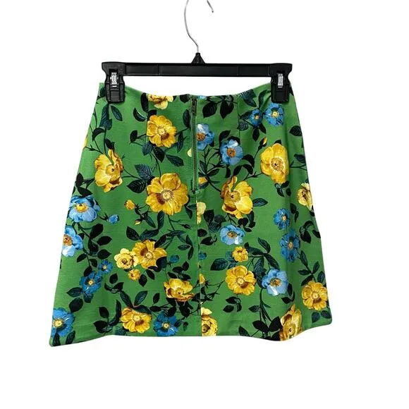 NWT Anthropologie Maeve Green Blue Yellow Floral Print Fitted Mini Skirt Size XS